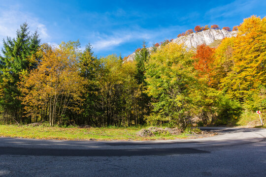 asphalt road in romania mountains. trip through apueni national park in autumn. trees in fall foliage near the rocks