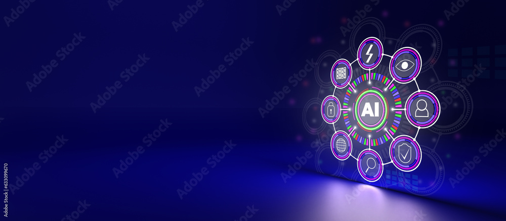 Poster artificial intelligence and automated machine learning language blue digital user interface. cyberse