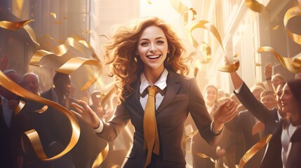 A successful female office worker is happy and celebrates for her success and achievement with cheering ccollegues in the background. Generative AI - obrazy, fototapety, plakaty