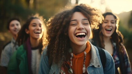 Happy female friends smile and laugh together happily. Happiness, relationship, friendship, bond, and good time. Generative AI