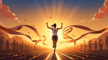 A female athlete arrives at a finish line and raises hands in celebration. Concepts of success, win, and achievement. Generative AI