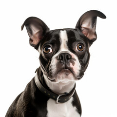 Fototapeta premium Confused Boston Terrier Dog with Tilted Head on White Background