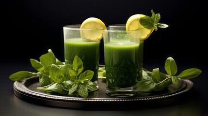 three glasses of vibrant green spinach smoothies arranged on a stone plate, with a straw, inviting the viewer to savor the refreshing drink. 16:9