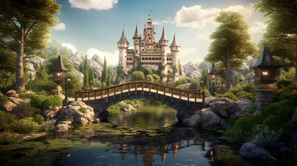 Fototapeta na wymiar old castle in the forest wallpaper Bridge over river