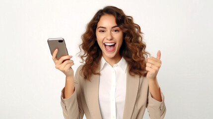 Fototapeta premium woman with mobile phone success isolated