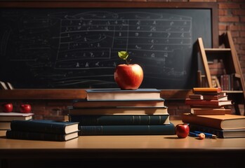Books and apple on the desk in front of the blackboard, Education and reding concept. Abstract concept of knowledge, education, learning, and literatur