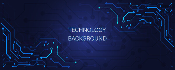 Abstract technology background with various technology elements. Hi-tech communication concept innovation background. Circuit board electronic or electrical line on blue tech background.