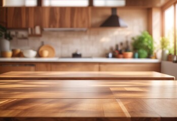 Beautiful empty brown wooden table top and blurred defocused modern kitchen interior background with daylight flare - obrazy, fototapety, plakaty