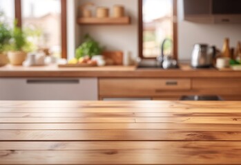 Beautiful empty brown wooden table top and blurred defocused modern kitchen interior background with daylight flare