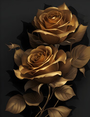 Golden roses on black background. Decorative golden roses. Elegant golden roses flowers wall art. Ai generative.