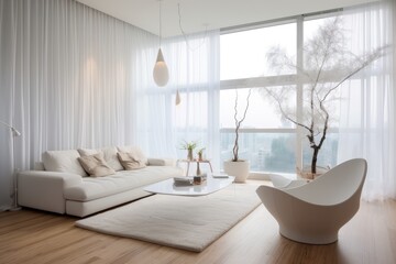 Fototapeta na wymiar The living room features a minimalist Scandinavian design, characterized by its white color scheme. It includes tuft root plants, rugs placed on the wooden floor, and small throw pillows for extra