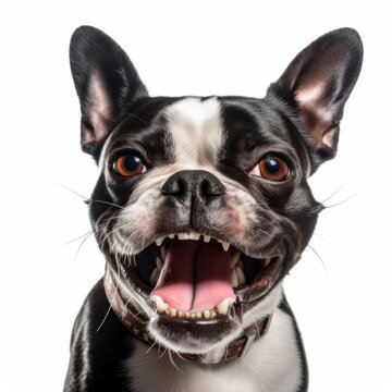 Angry Boston Terrier Dog Growling Aggressively on White Background - Isolated Image