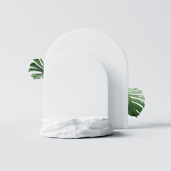 Stone product display podium with nature leaves on white background. 3D rendering