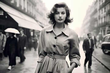 Fototapeta woman walking in Paris in 1950 monochromatic vintage obraz