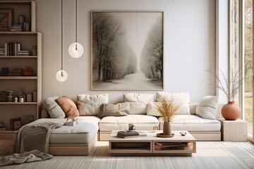 This creative living room interior design showcases a stylish composition with a mock up structure painting, a cozy corner sofa, a modern coffee table, and various textiles and personal accessories