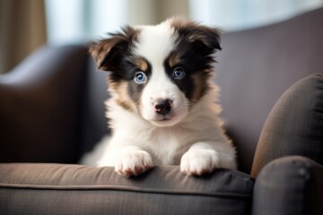A humorous picture shows an adorable border collie puppy sitting on a sofa. This little dog is now a cherished addition to the family, and appears extremely joyful and energetic as it playfully