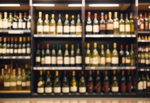Abstract blur wine bottles on liquor alcohol shelves in supermarket store