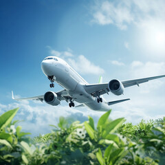 Experience the future of air travel with this captivating image that beautifully captures the essence of sustainability and innovation. In this evocative visual, an airplane gracefully soars through a