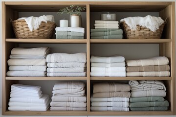 Fototapeta na wymiar The linen cupboard shelves in this eco friendly storage solution are neatly folded and organized using straw baskets, closet organizer drawers, and dividers. The shelves are filled with stacks of