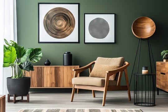 The living room has an interior design featuring a mock up poster frame, a round black coffee table, a wooden sideboard, a stylish chair, plants, a rack, a lamp, and personal accessories. The decor