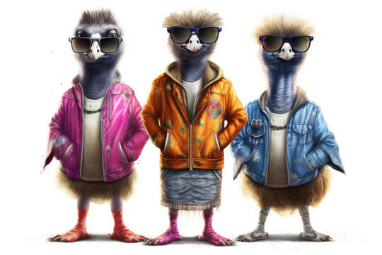 3 Emus in sportlicher Kleidung und Sonnenbrillen, mit Gitarre , 3 emus in sporty clothes and sunglasses, with guitar 