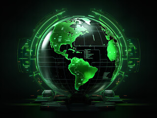 Fototapeta premium world map globe international technology green cybernetic security worldwide green black theme ai gen 
