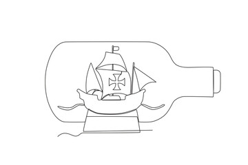 A ship in a bottle. Colombus day one-line drawing