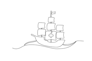 A ship sails through the ocean. Colombus day one-line drawing