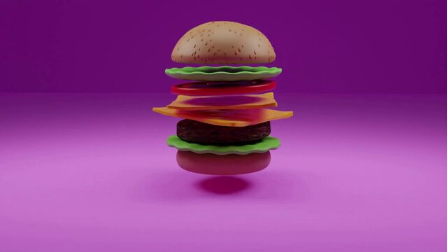 Burger making animation. 3d render. Magenta background.