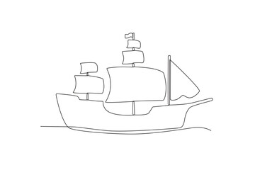 Side view of the ship sailing on the ocean. Colombus day one-line drawing