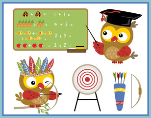 Two funny owl cartoon in profession teacher and archer