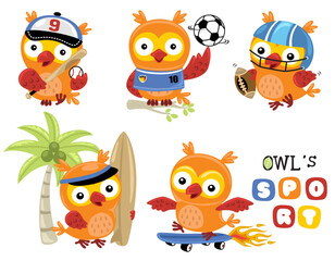 Group of cute owl cartoon in different sports activity