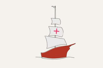 Color illustration of the front view of a sailing ship. Colombus day one-line drawing