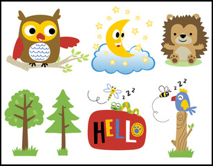 Group of funny woodland animals cartoon with funny crescent moon