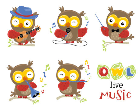 Group of funny owl cartoon illustration in music performance