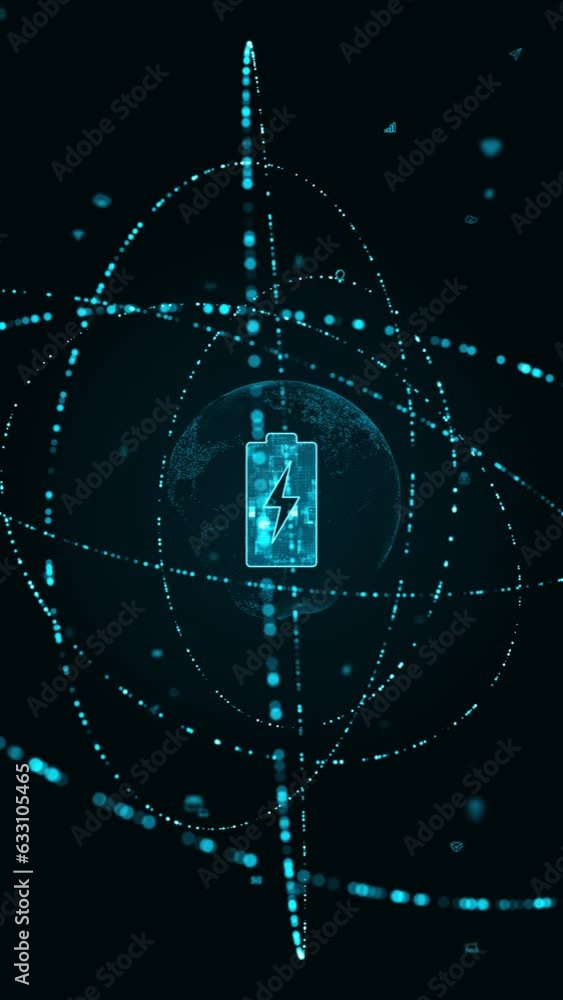 Poster motion graphic of blue digital battery logo with particle ring circle rotation and earth sphere with