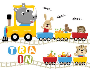 Funny animals cartoon with foods on steam train