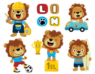 Group of funny lion cartoon in different activities