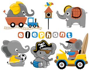 Group of funny elephant cartoon in different activities