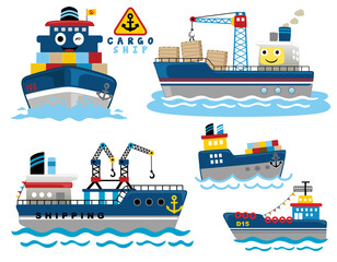 Group of funny cargo ships cartoon