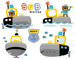Vector cartoon set of submarine with cute bear in sailor uniform