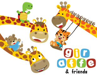 Vector set of funny giraffe cartoon with little friends