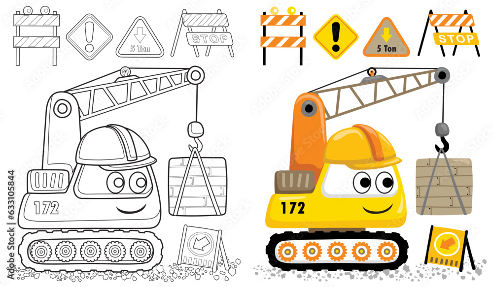 Sticker vector cartoon of funny construction vehicle with construction element. coloring book or page