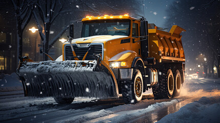 Snow plow in city streets at night. Emergency snow removal. Snow response. Ice management. Orange truck. Snow removal.