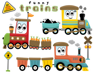Vector set of funny steam train cartoon with railroad element