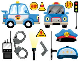 Zelfklevend Fotobehang Vector set of funny police car cartoon with police officer element © Bhonard21