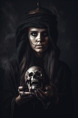 terrible black witch with a skull in a man's hand
