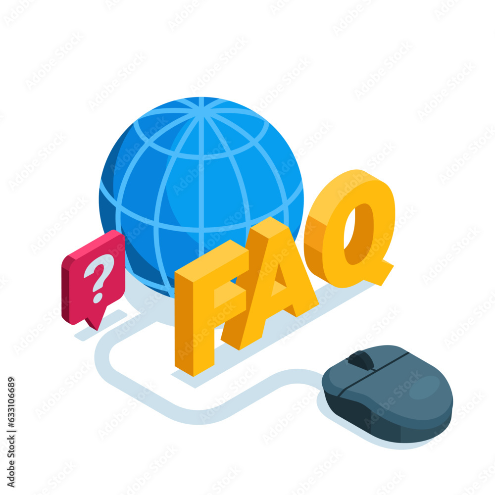 Aufkleber isometric globe and computer mouse with word faq in color on white background, internet reference se