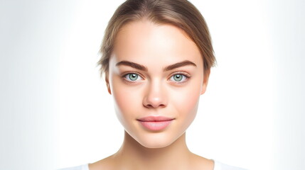 Obraz premium Close-up portrait of a young woman with clean skin looking directly into the lens on a light background.