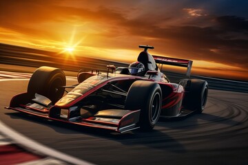 Process Competitions of Race car formula, banner motorsport on background sunset - obrazy, fototapety, plakaty